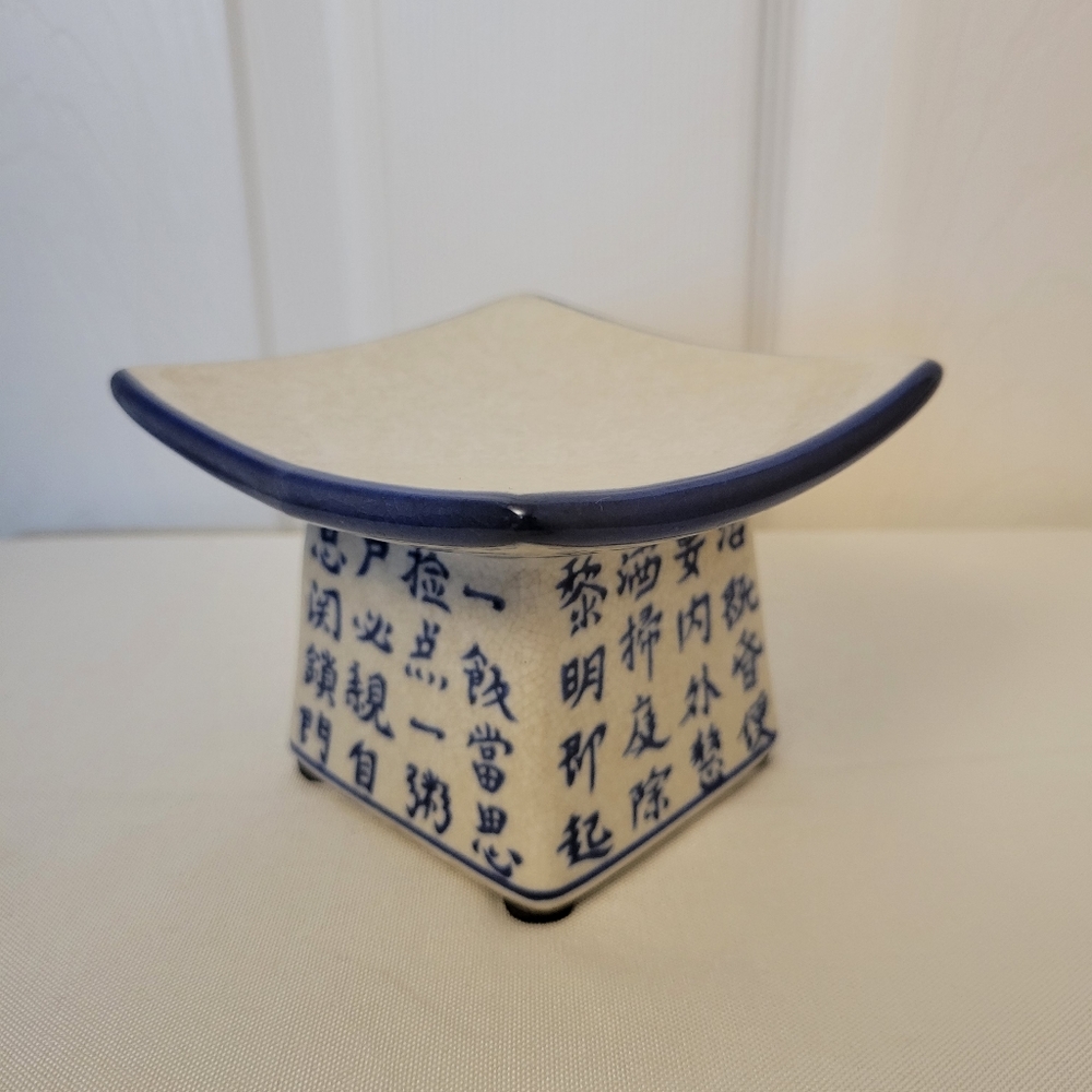Chinese 4 Sided Candle Pedestal Vintage Writing Blue & White Crackled